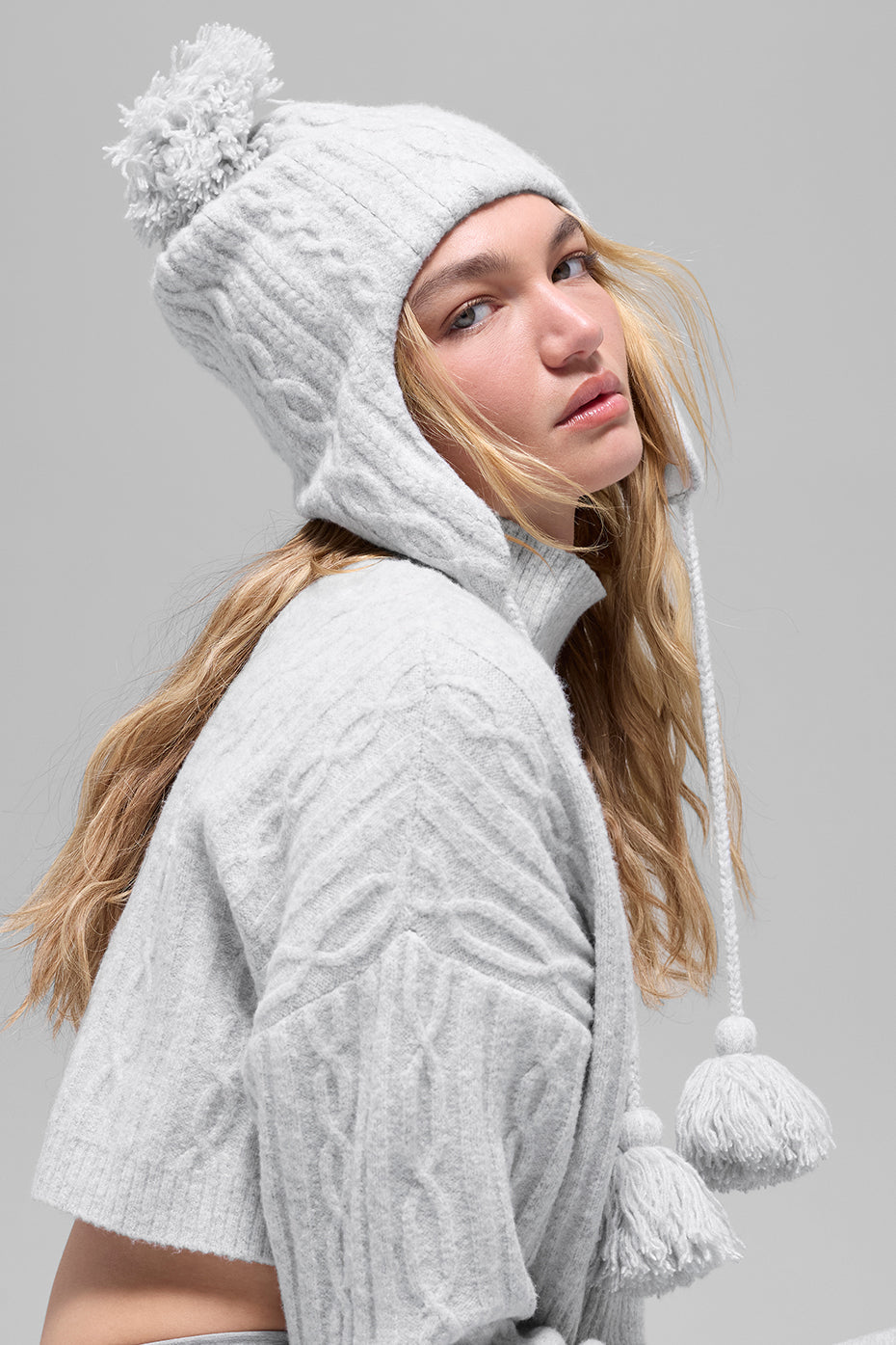 Cable Knit Winter Bliss Earflap Beanie - Athletic Heather Grey image 2