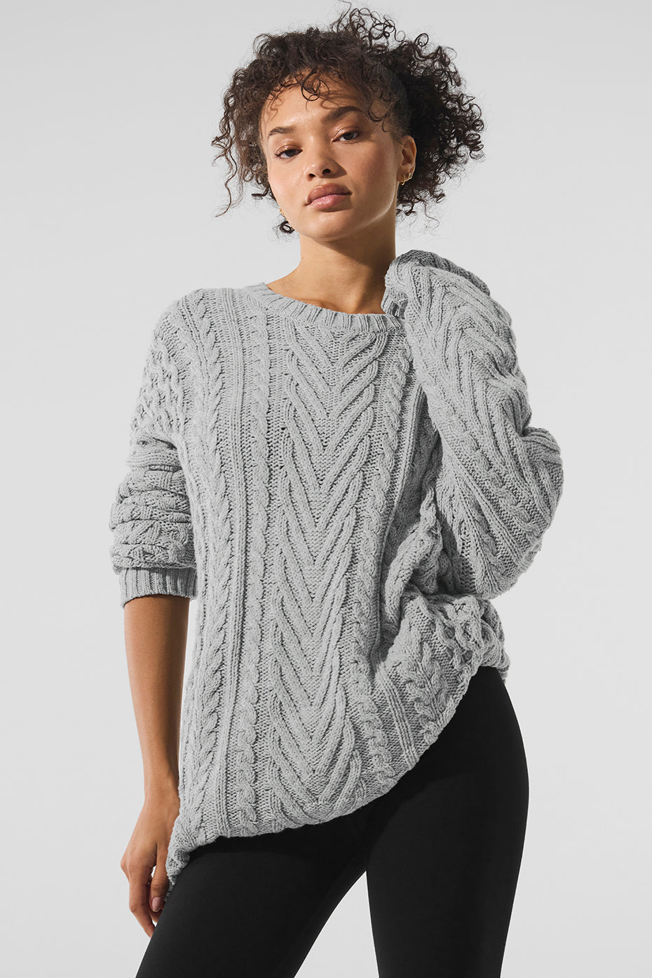 Cable Knit Crew Neck Sweater - Athletic Heather Grey image 1