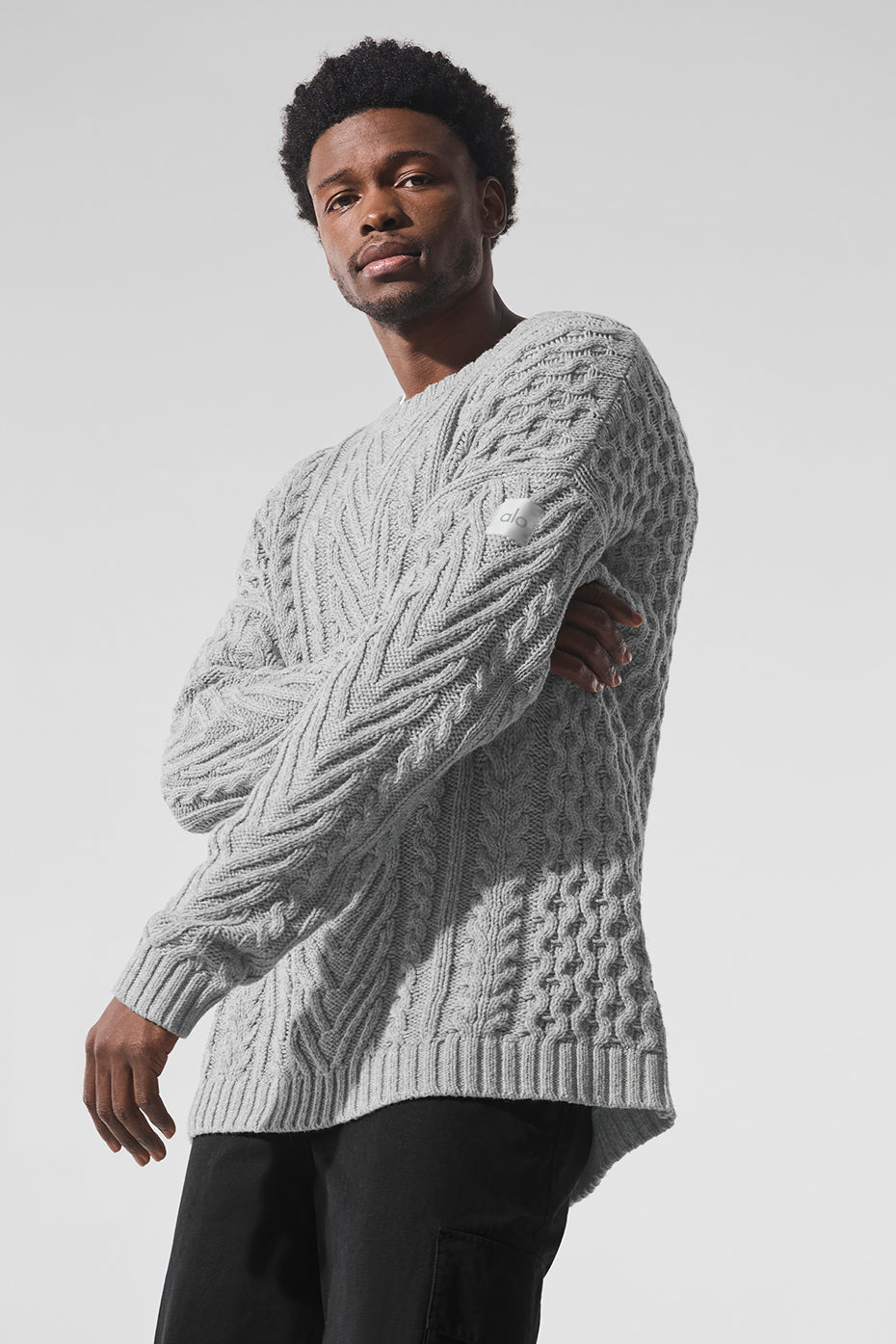 Cable Knit Crew Neck Sweater - Athletic Heather Grey image 2