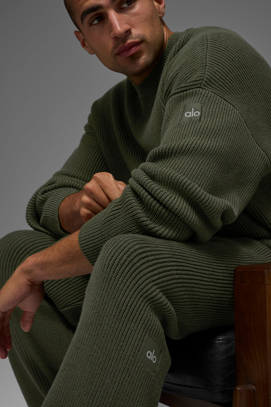 Domain Rib Knit Crew Sweater - Green Olive image 4