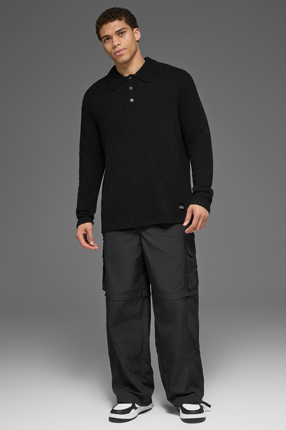 Textured Knit Long Sleeve Polo - Black image 5