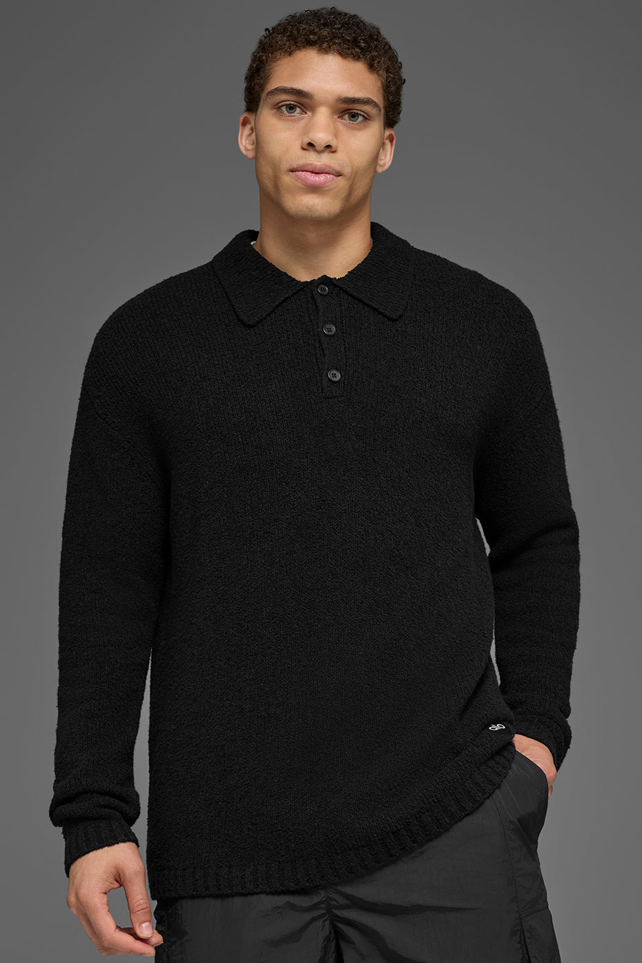 Textured Knit Long Sleeve Polo - Black image 1