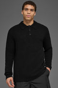 Textured Knit Long Sleeve Polo - Black image 1
