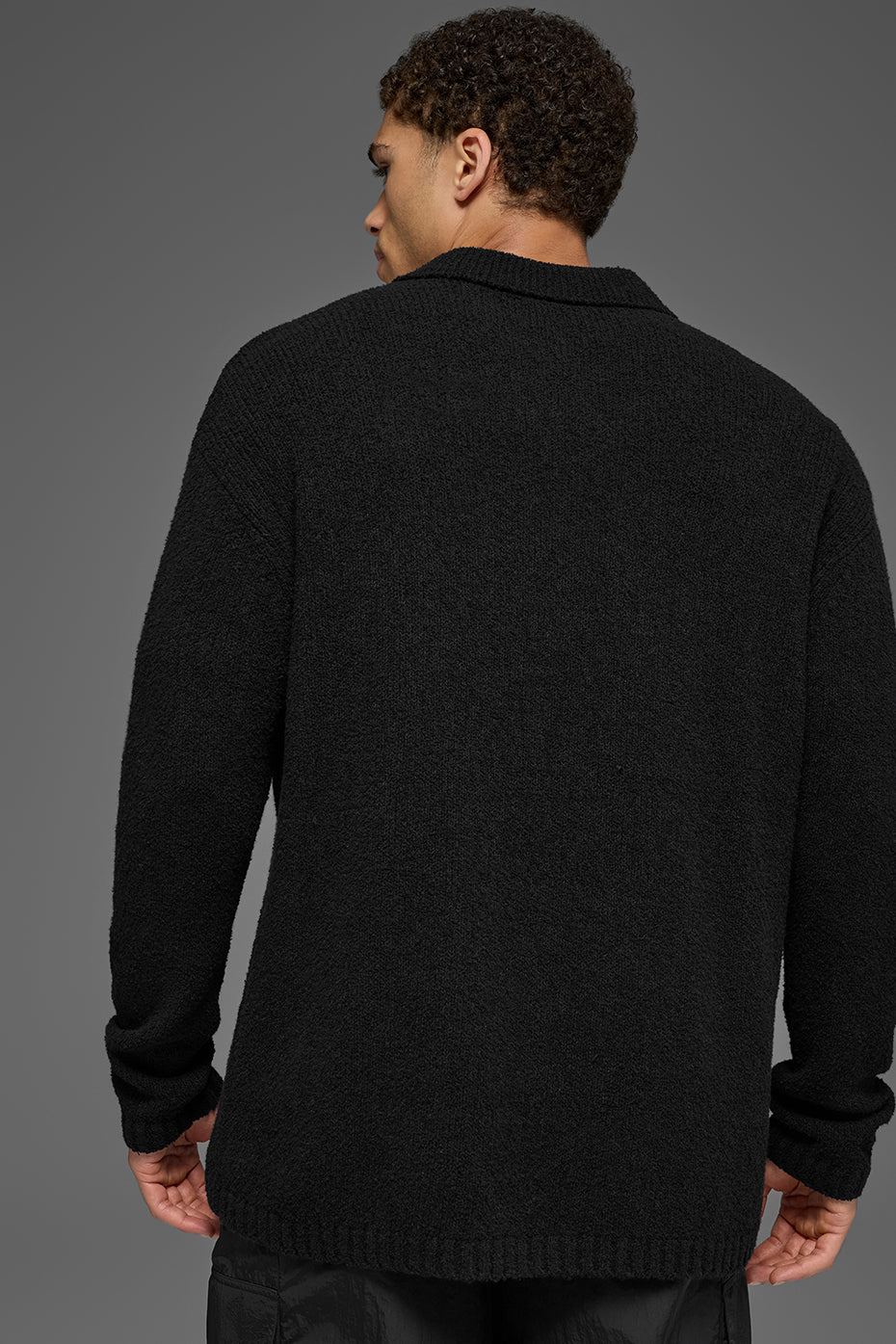 Textured Knit Long Sleeve Polo - Black image 3