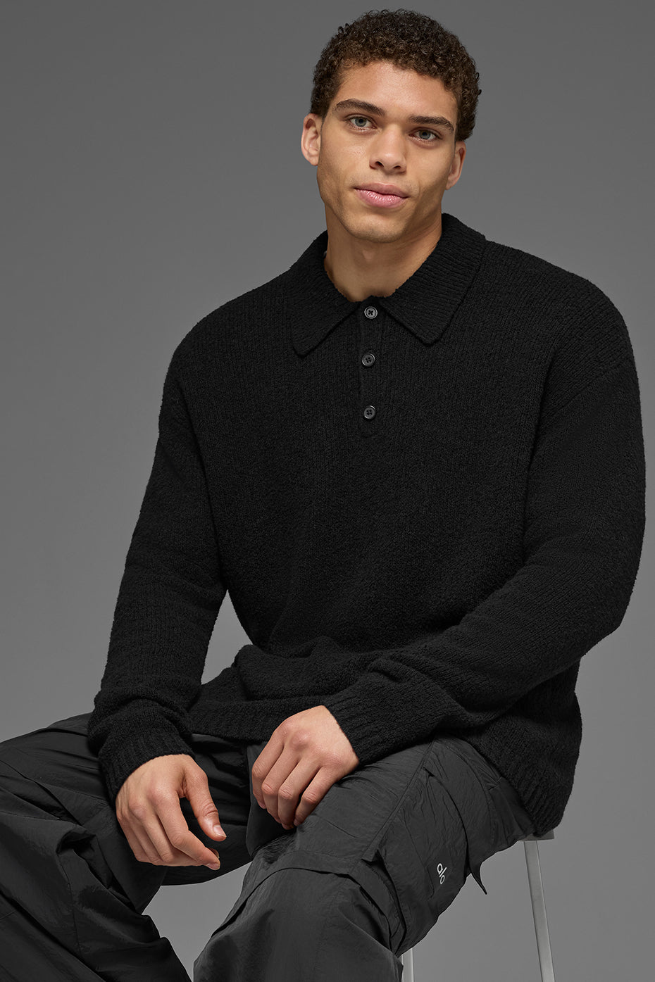 Textured Knit Long Sleeve Polo - Black image 4