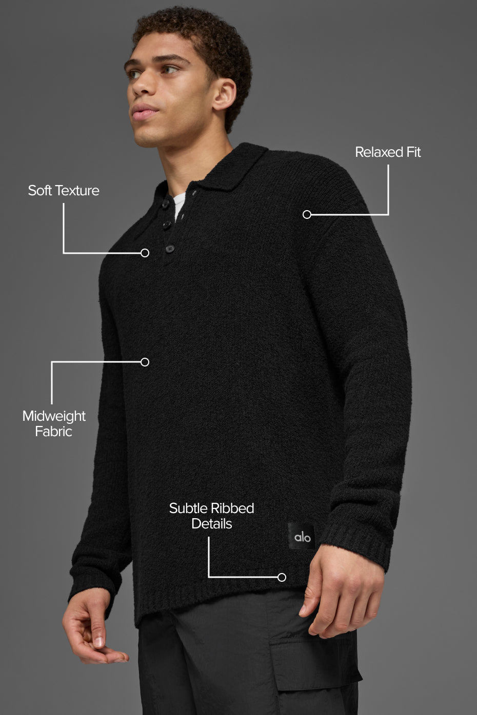 Textured Knit Long Sleeve Polo - Black image 2