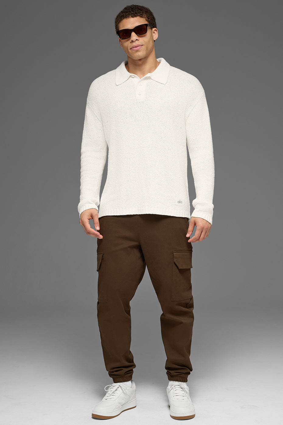 Textured Knit Long Sleeve Polo - Ivory image 5