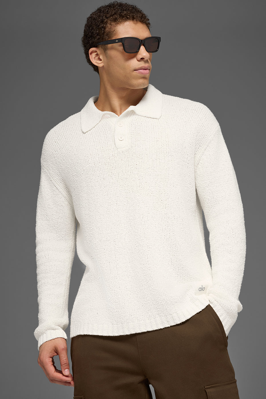 Textured Knit Long Sleeve Polo - Ivory image 1