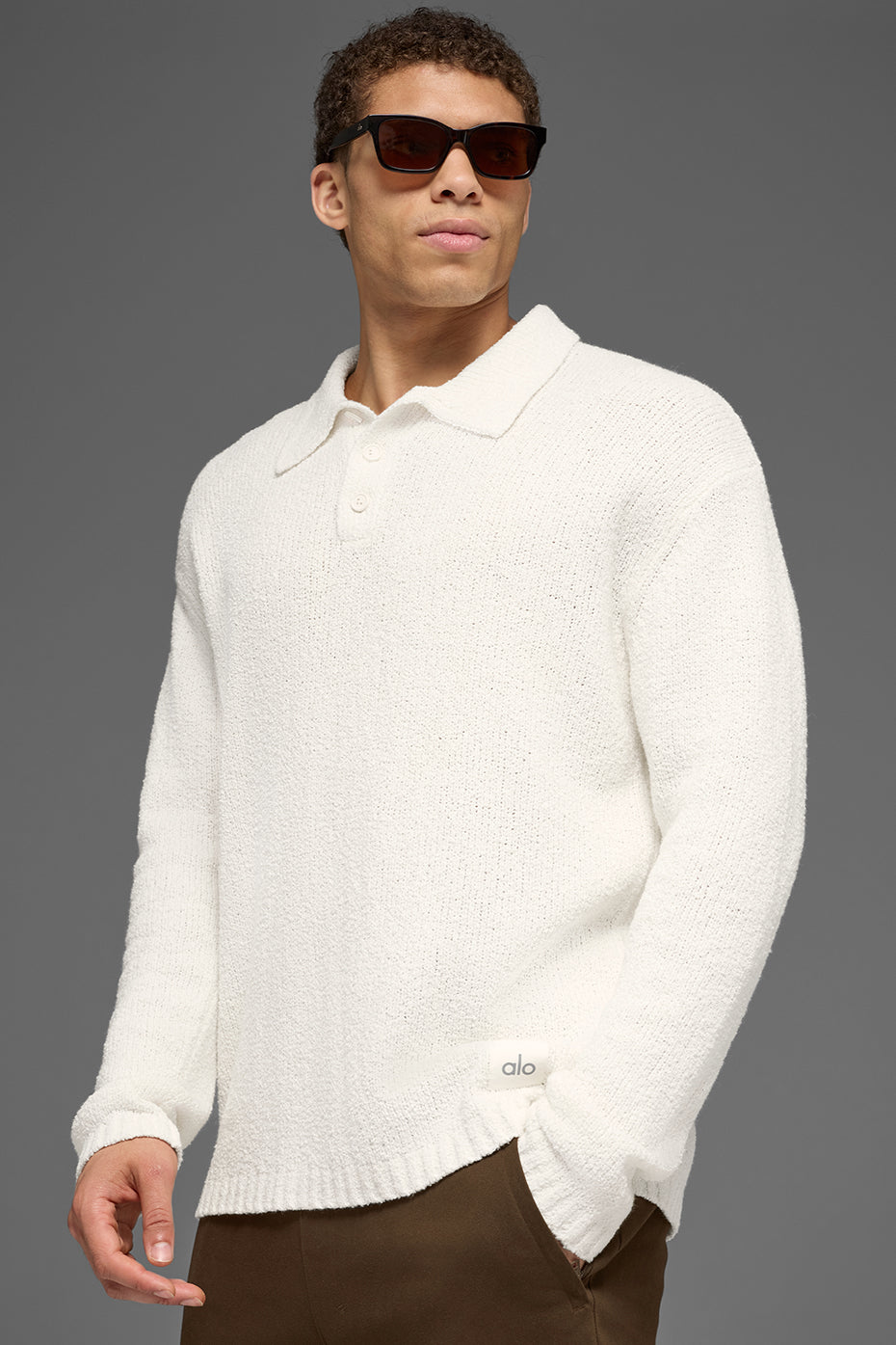 Textured Knit Long Sleeve Polo - Ivory image 4