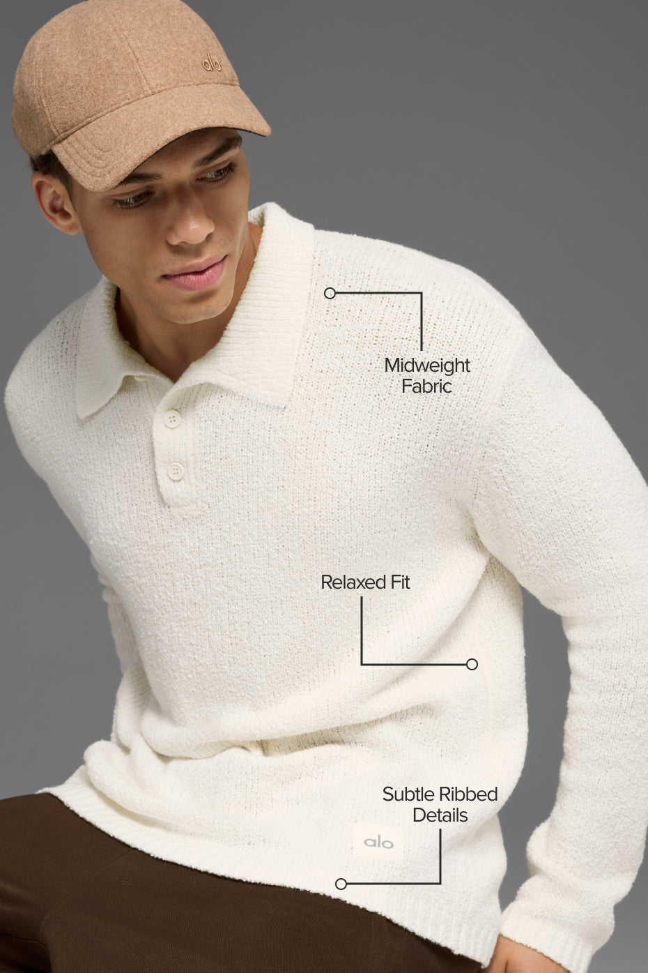 Textured Knit Long Sleeve Polo - Ivory image 2