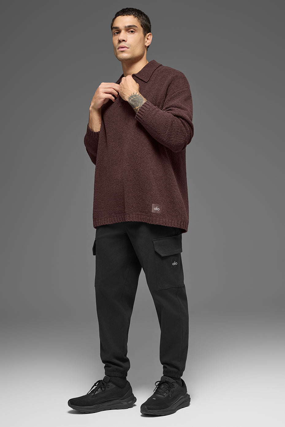Textured Knit Long Sleeve Polo - Brownstone image 5