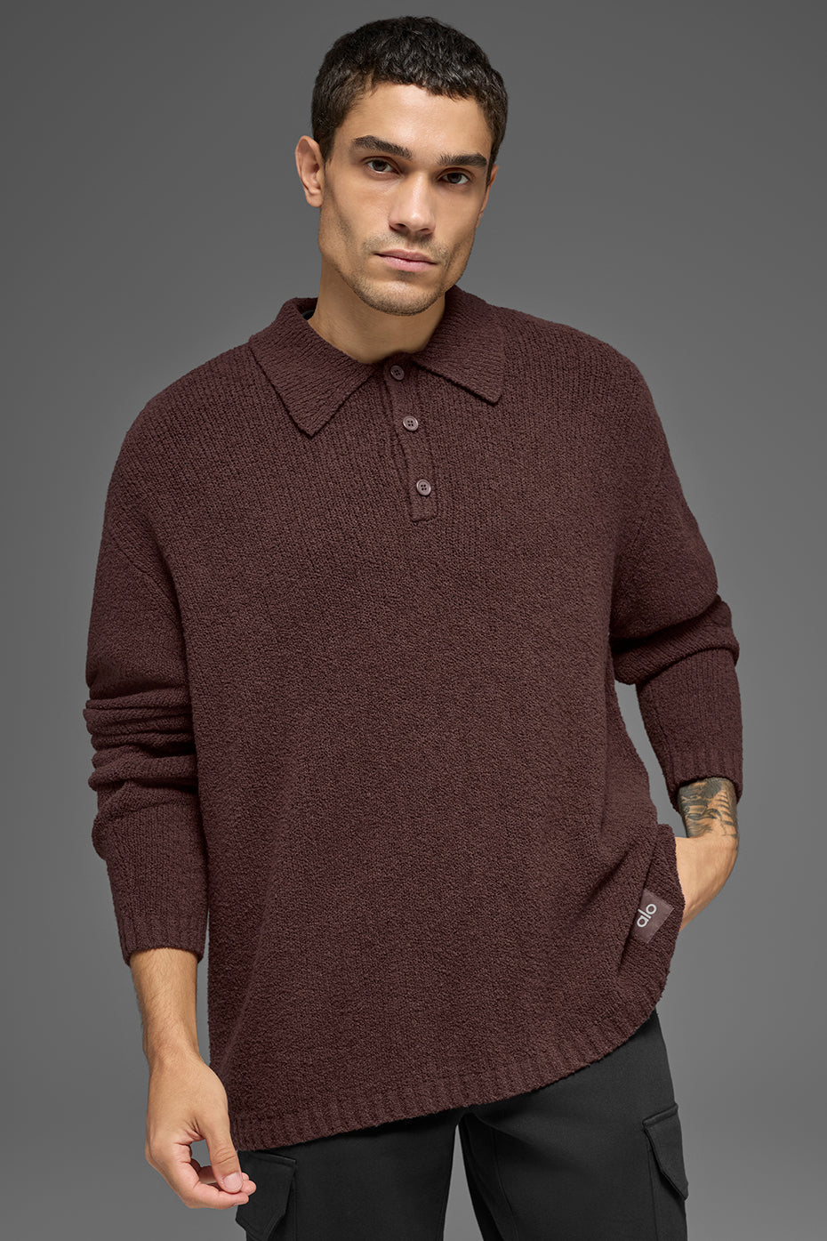 Textured Knit Long Sleeve Polo - Brownstone image 2