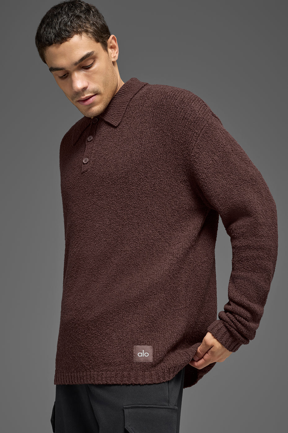 Textured Knit Long Sleeve Polo - Brownstone image 3