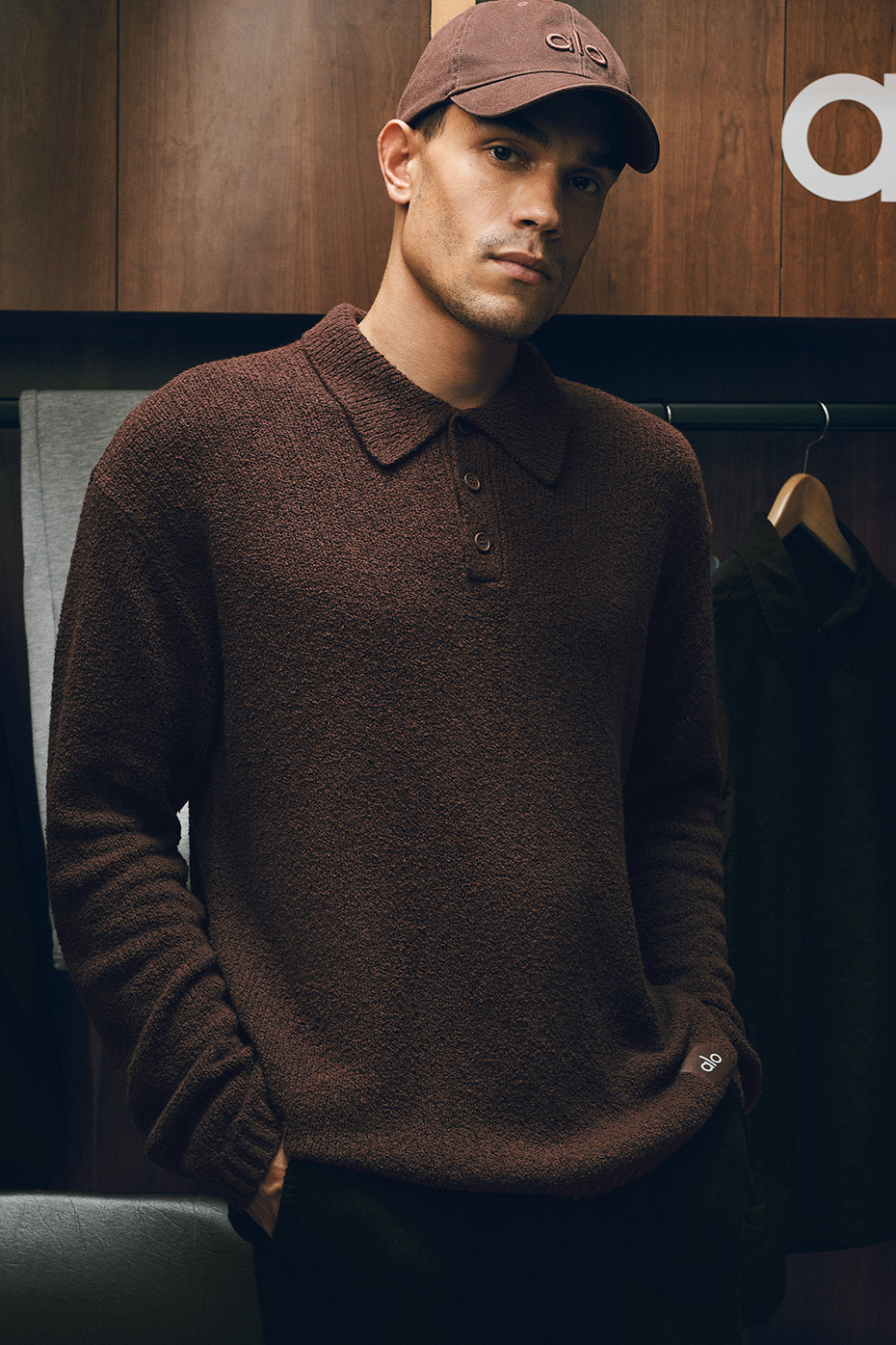 Textured Knit Long Sleeve Polo - Brownstone image 1