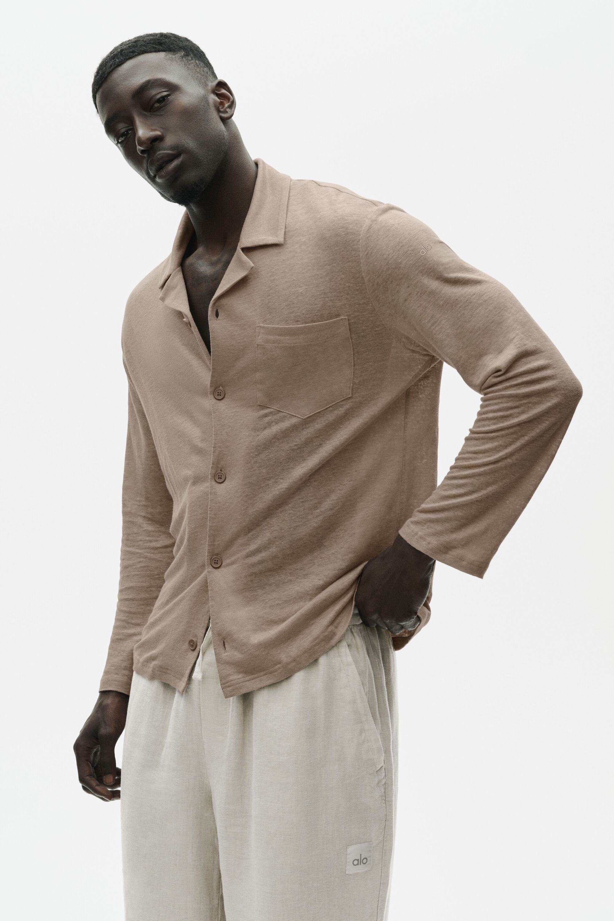 Linen Jersey Coastal Long Sleeve Button Up - Gravel image 1