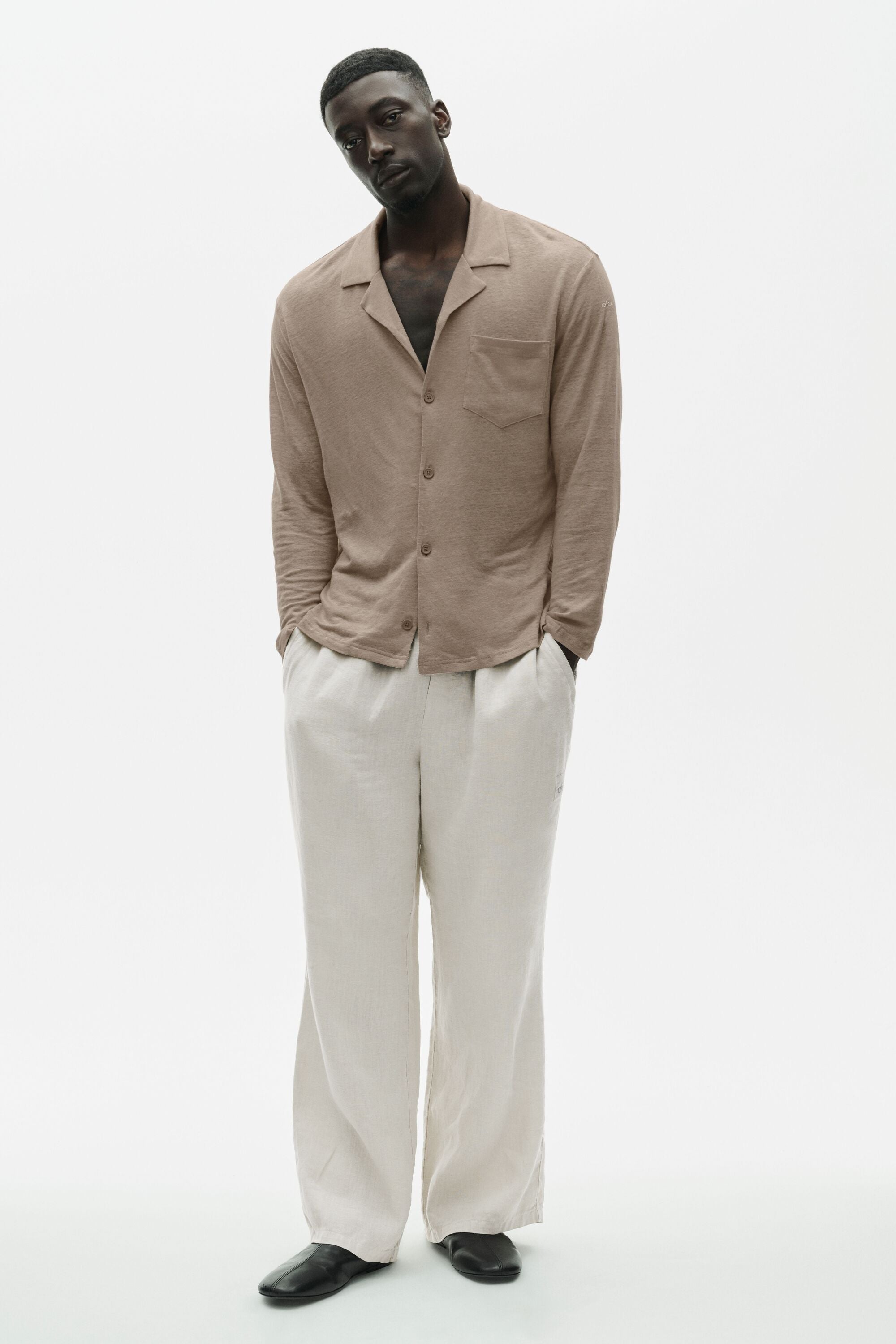 Linen Jersey Coastal Long Sleeve Button Up - Gravel image 5