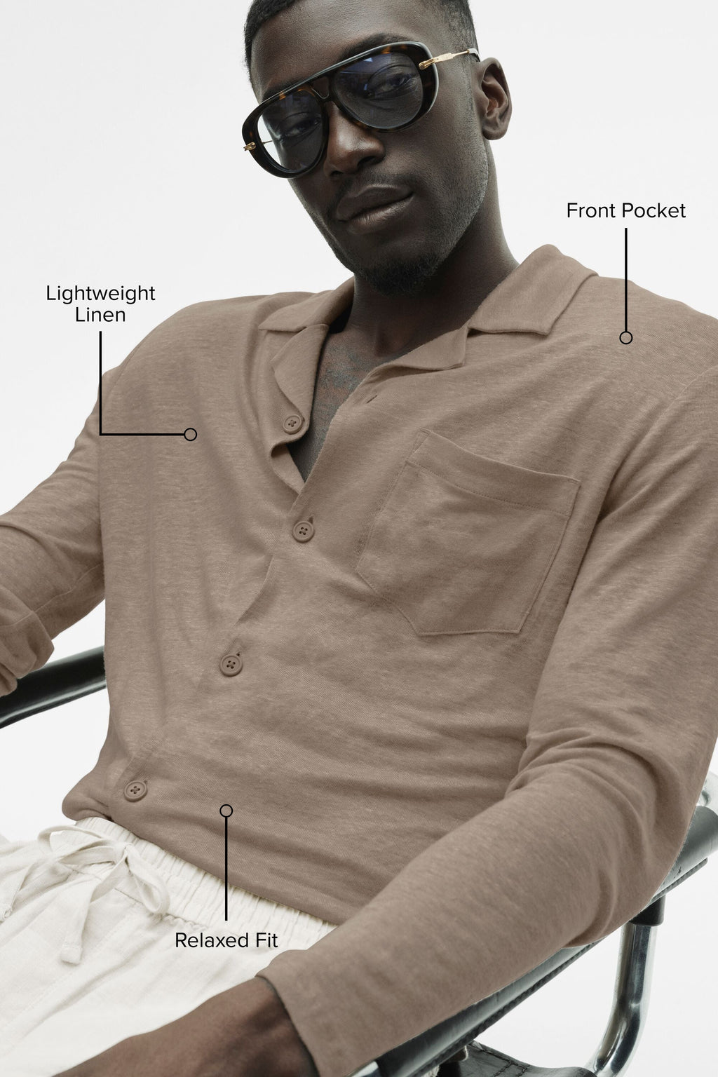 Linen Jersey Coastal Long Sleeve Button Up - Gravel image 2