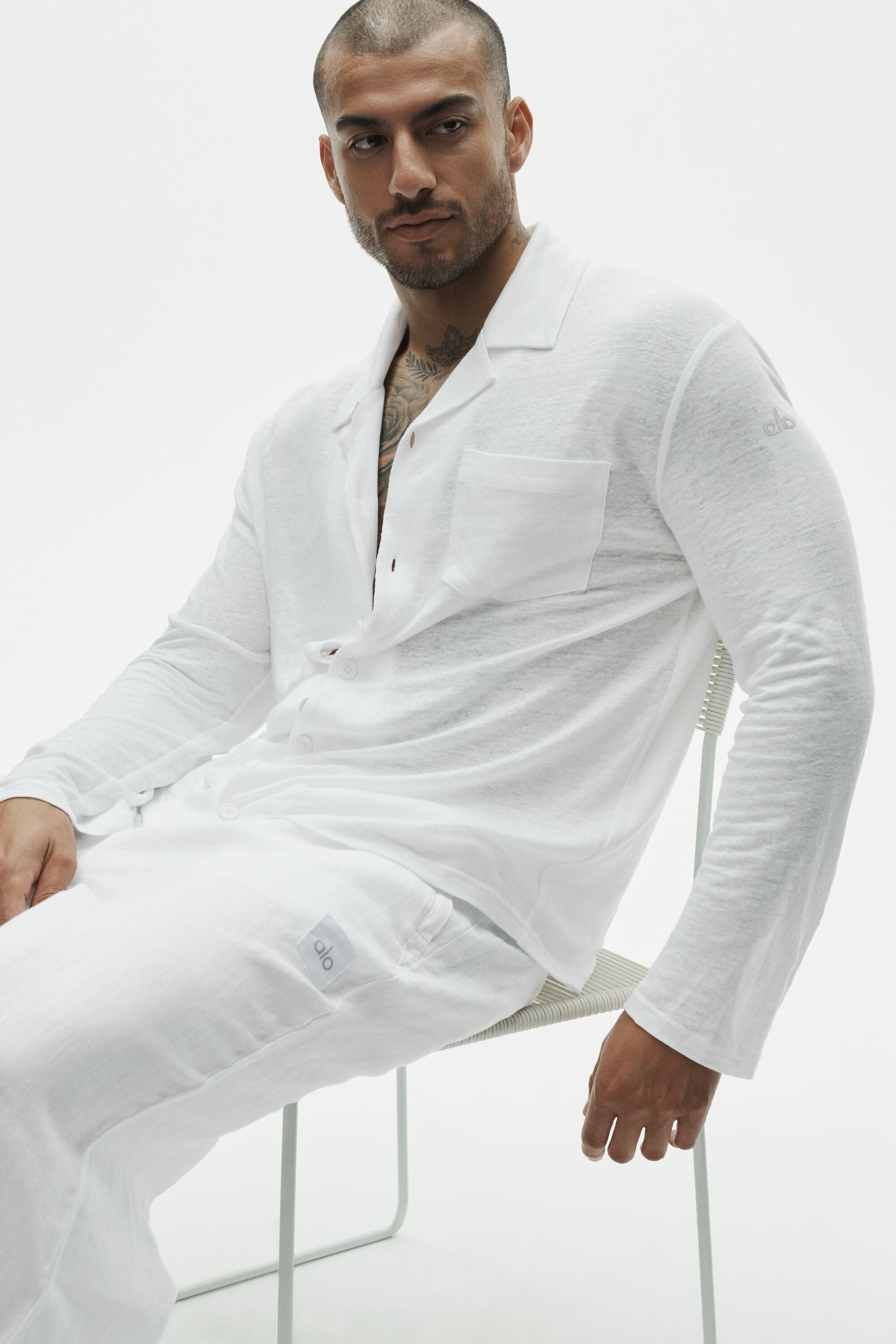 Linen Jersey Coastal Long Sleeve Button Up - White image 1