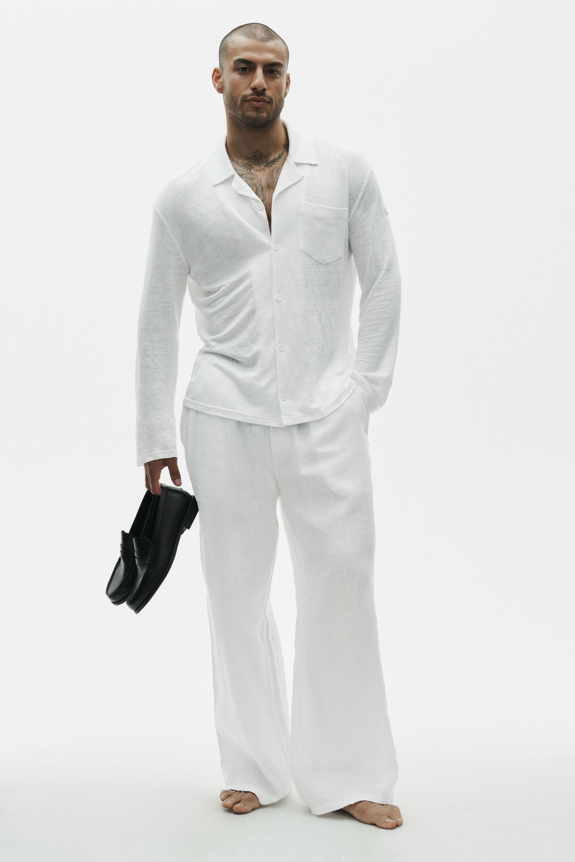 Linen Jersey Coastal Long Sleeve Button Up - White image 5