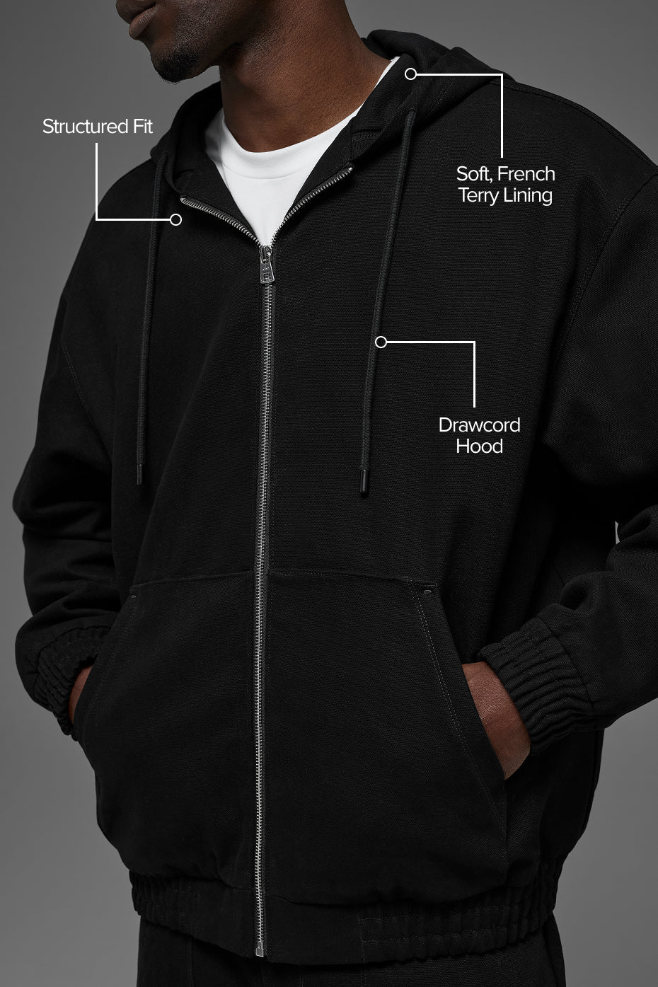 Cotton Canvas Full Zip Hoodie - Black image 2