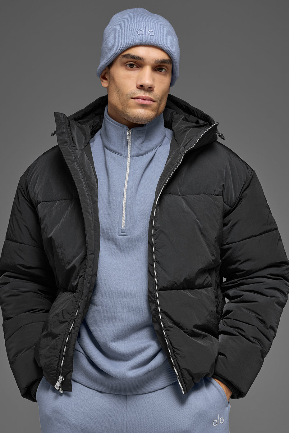 Crinkle Nylon Hooded Stage Puffer - Black image 1