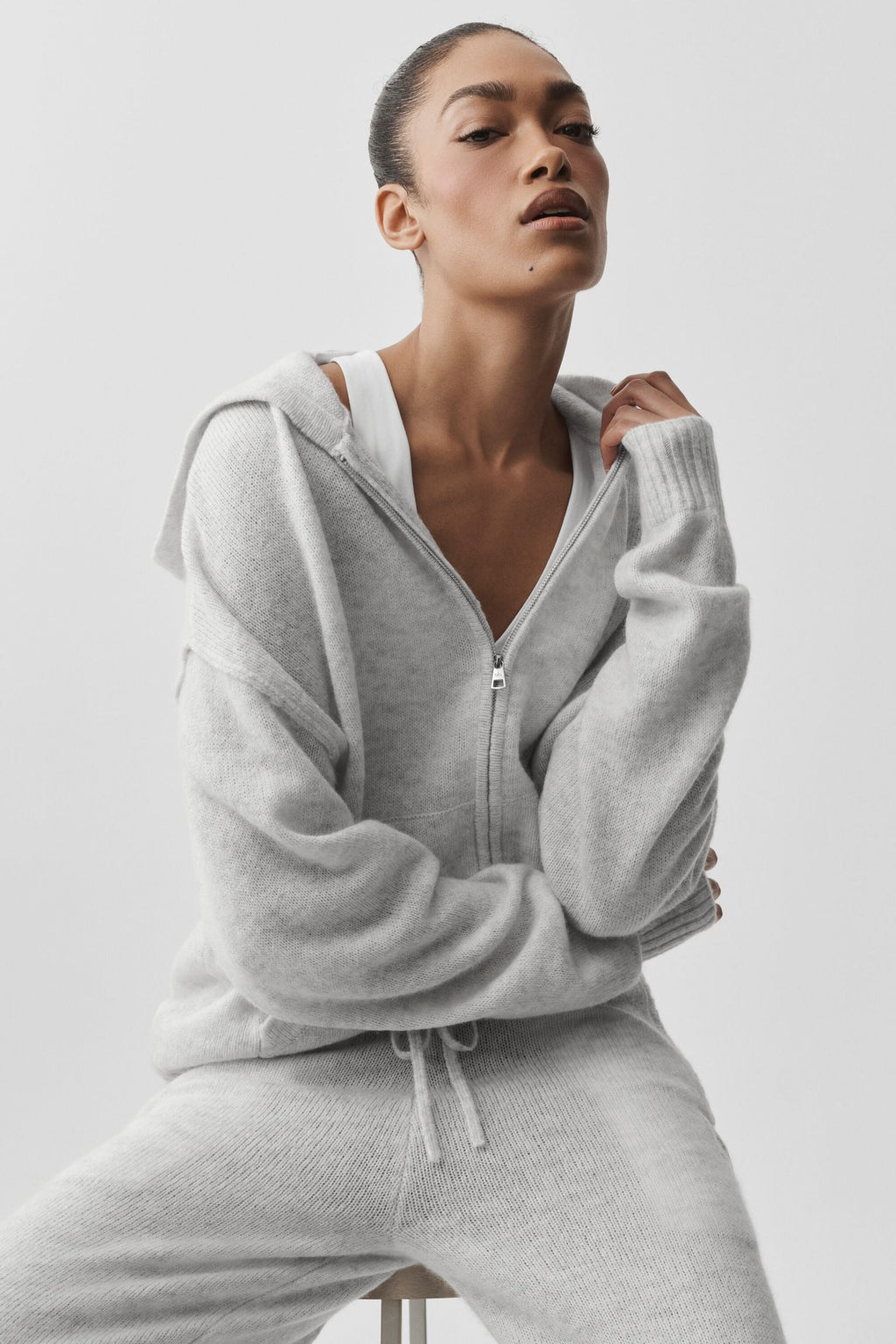 Wool Cashmere New Class Full Zip Hoodie - White Heather image 4