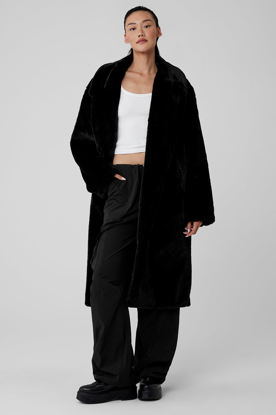 Oversized Faux Fur Trench - Black image 1