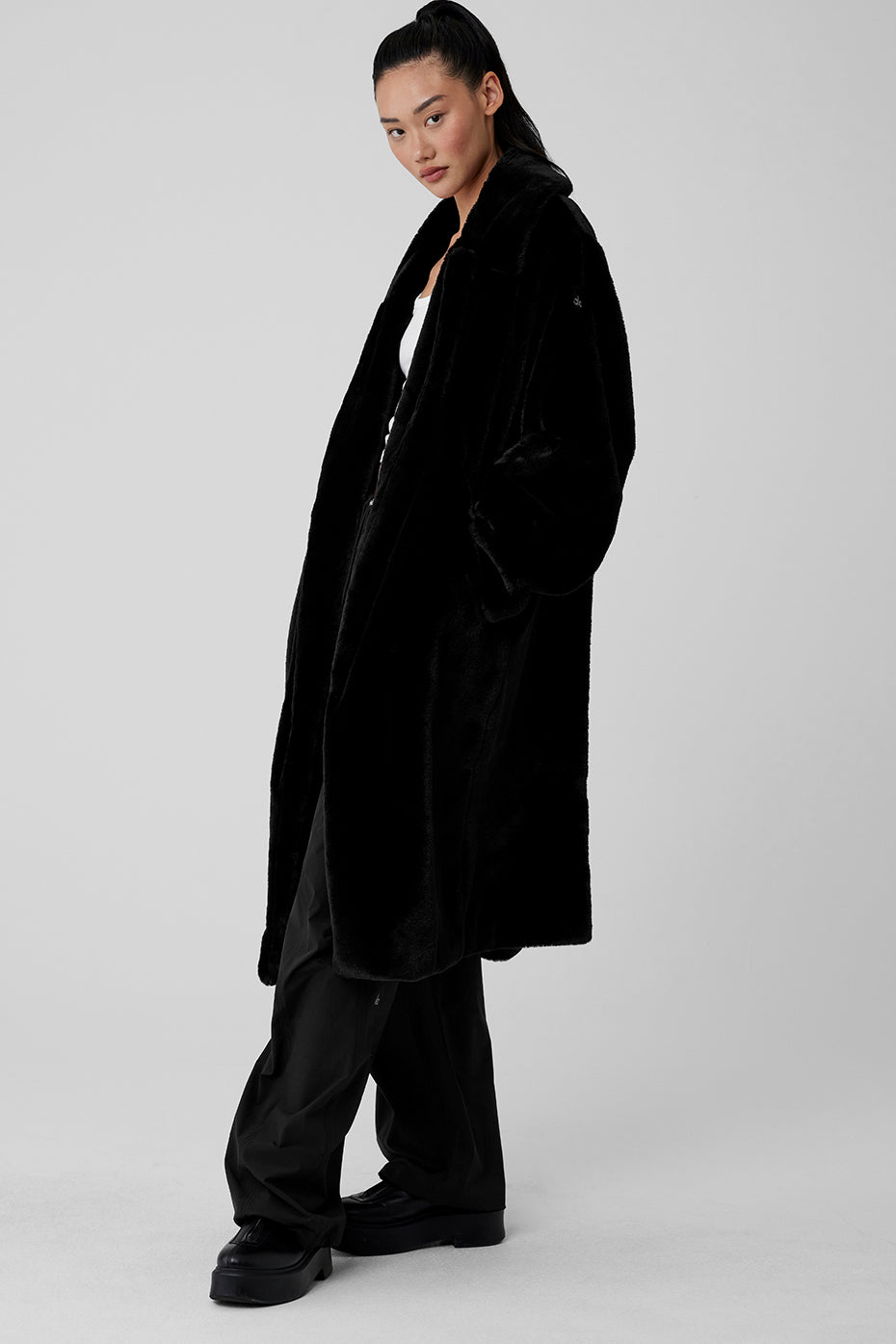 Oversized Faux Fur Trench - Black image 3