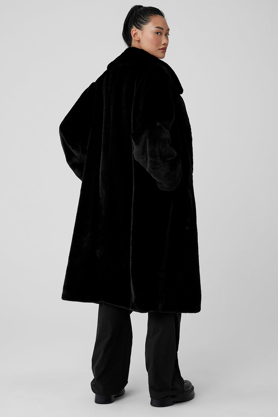 Oversized Faux Fur Trench - Black image 2