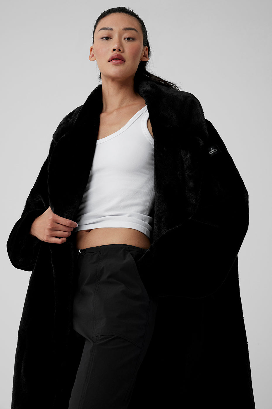 Oversized Faux Fur Trench - Black image 4