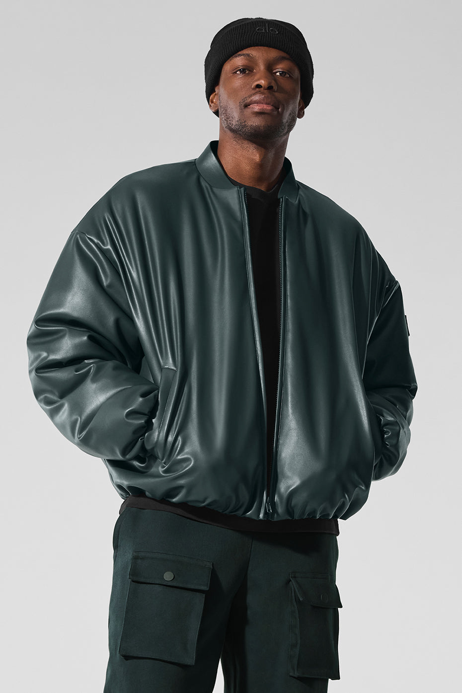 Faux Leather Premier Bomber - Charcoal Green image 1