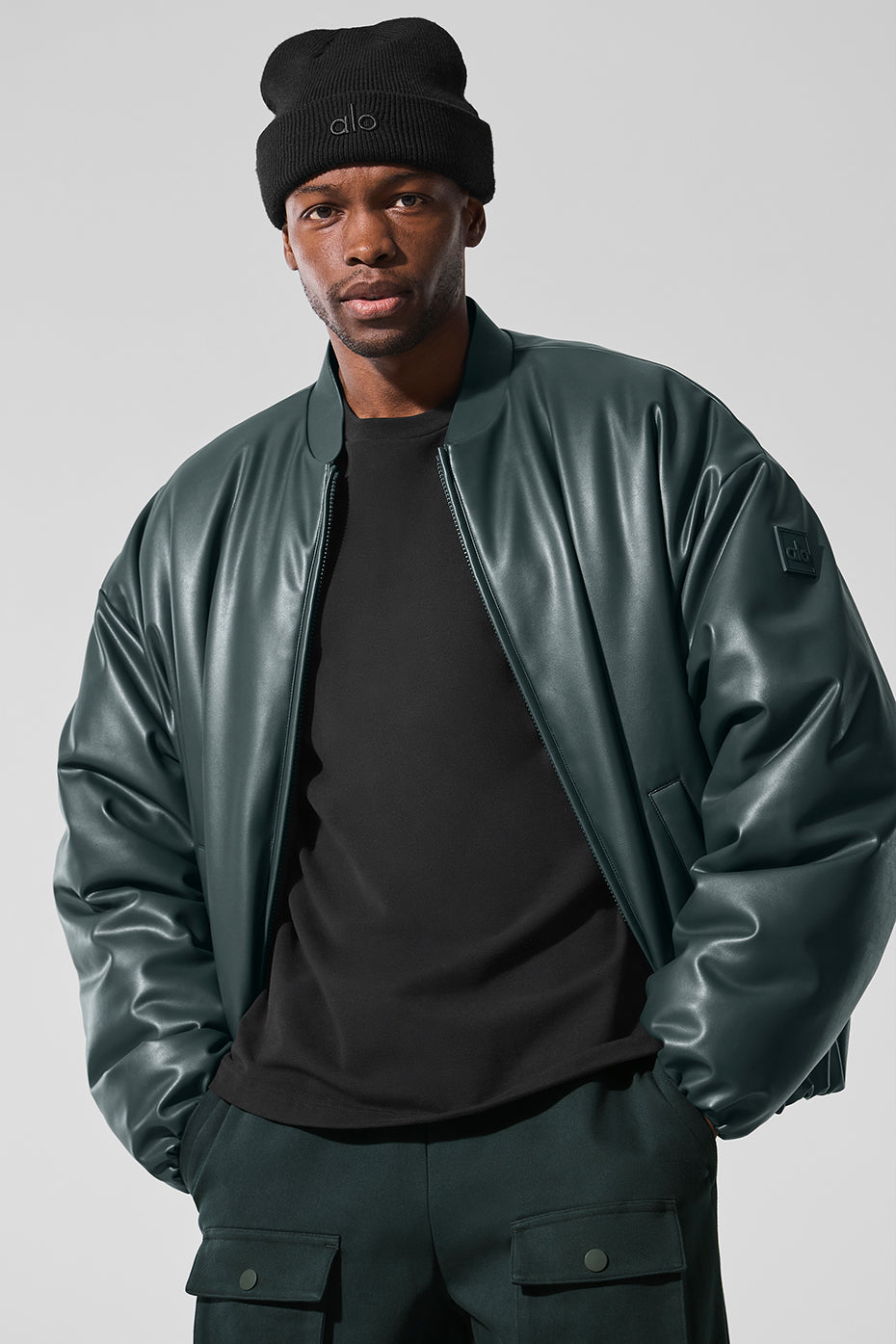 Faux Leather Premier Bomber - Charcoal Green image 3