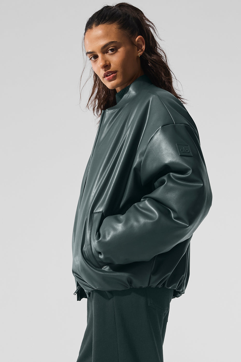 Faux Leather Premier Bomber - Charcoal Green image 3
