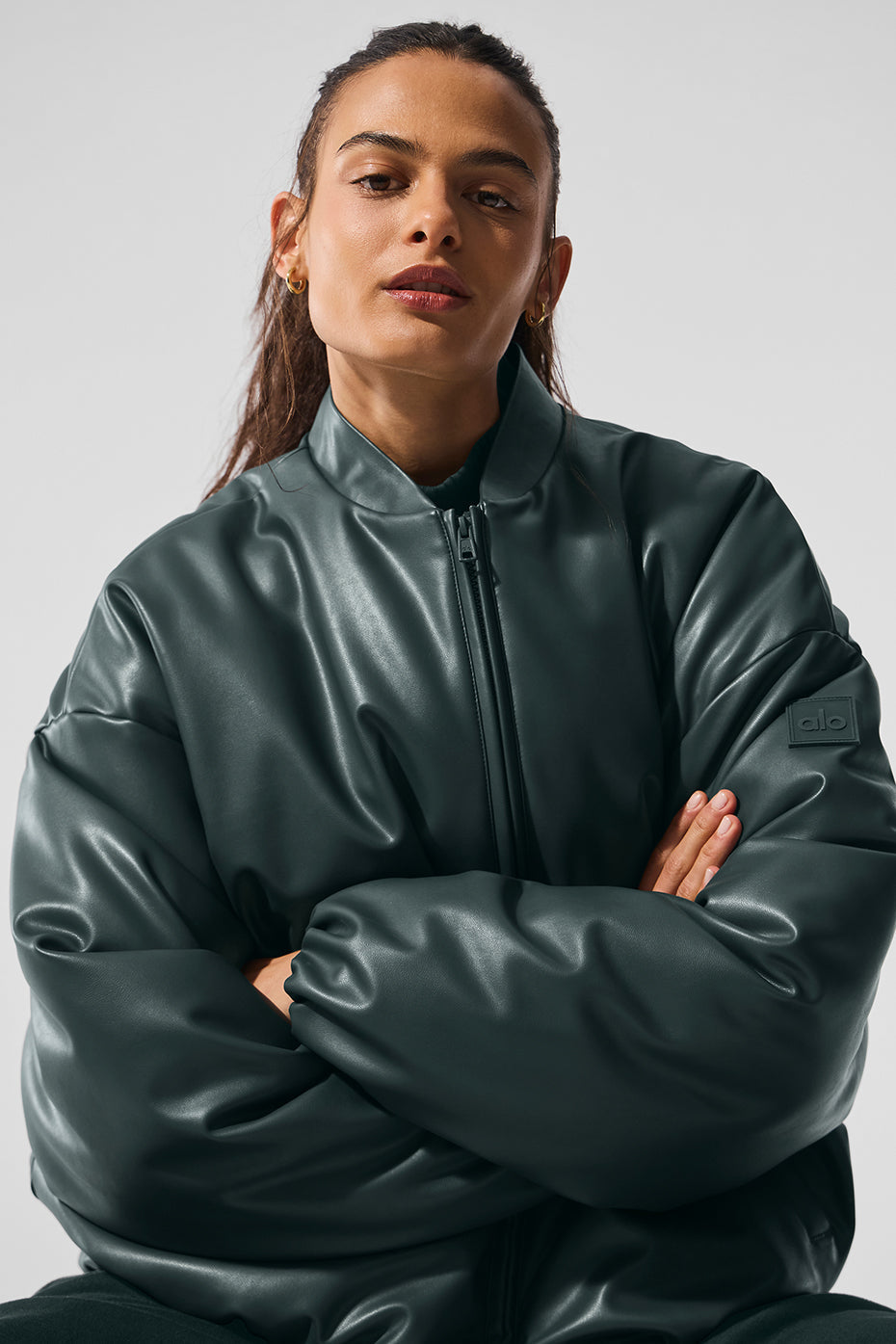 Faux Leather Premier Bomber - Charcoal Green image 5