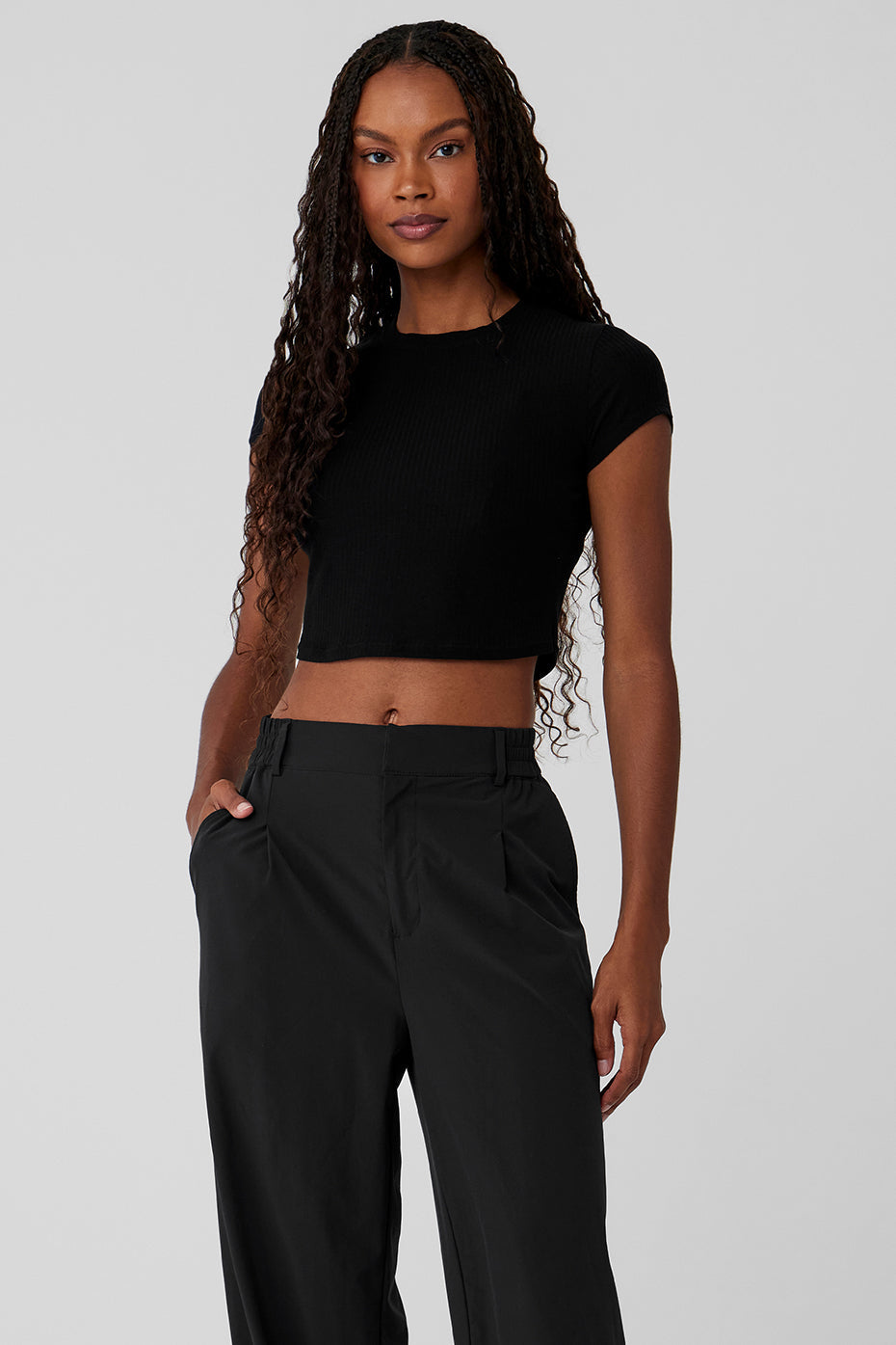 Ribbed Sea Coast Cropped Short Sleeve Tee - Black image 1