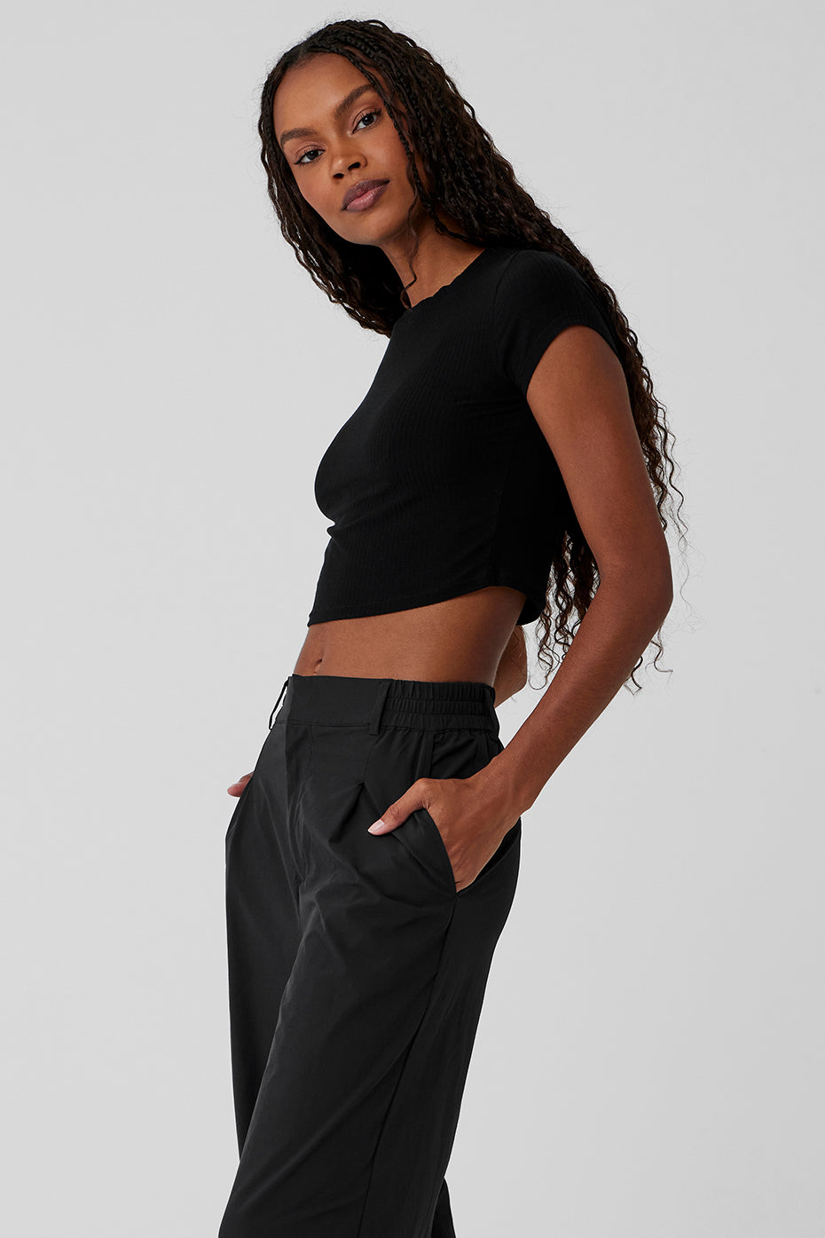 Ribbed Sea Coast Cropped Short Sleeve Tee - Black image 3