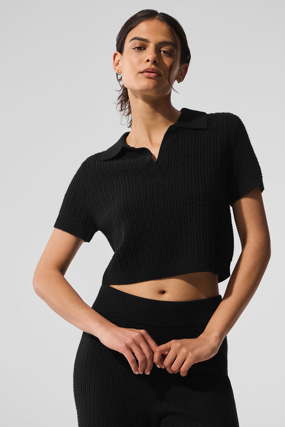 Cashmere Plush Waffle Polo Tee - Black image 1