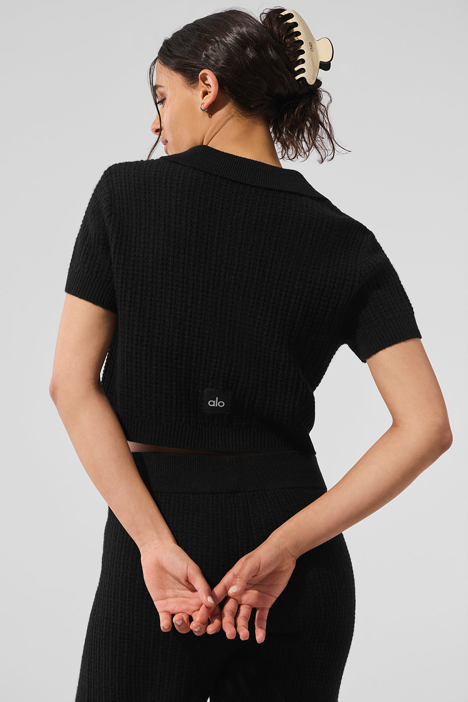 Cashmere Plush Waffle Polo Tee - Black image 3