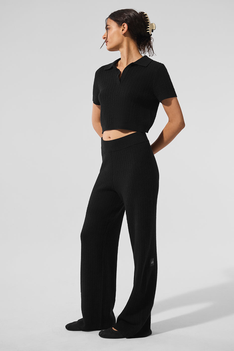 Cashmere Plush Waffle Polo Tee - Black image 4
