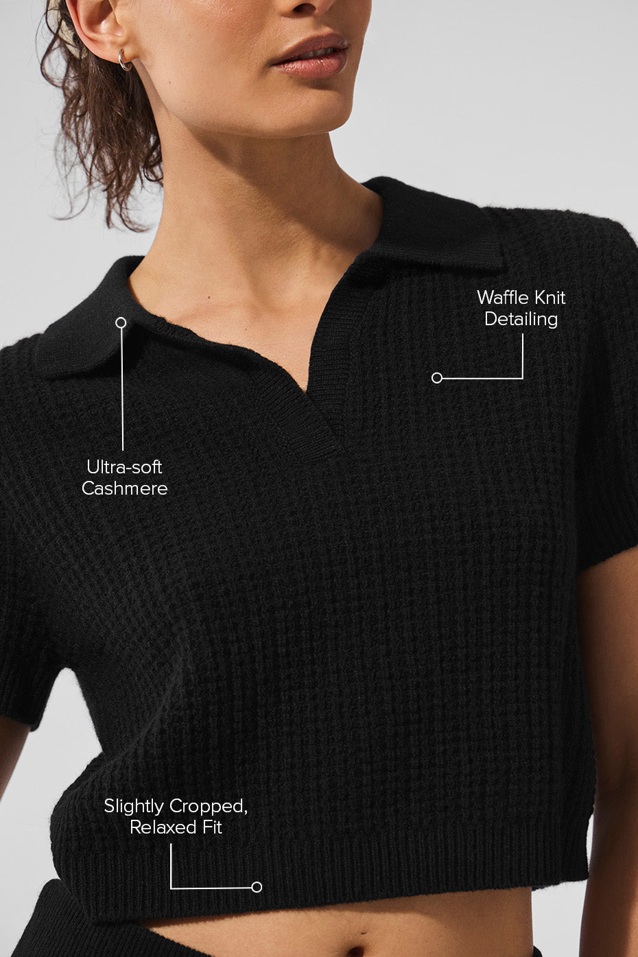 Cashmere Plush Waffle Polo Tee - Black image 2
