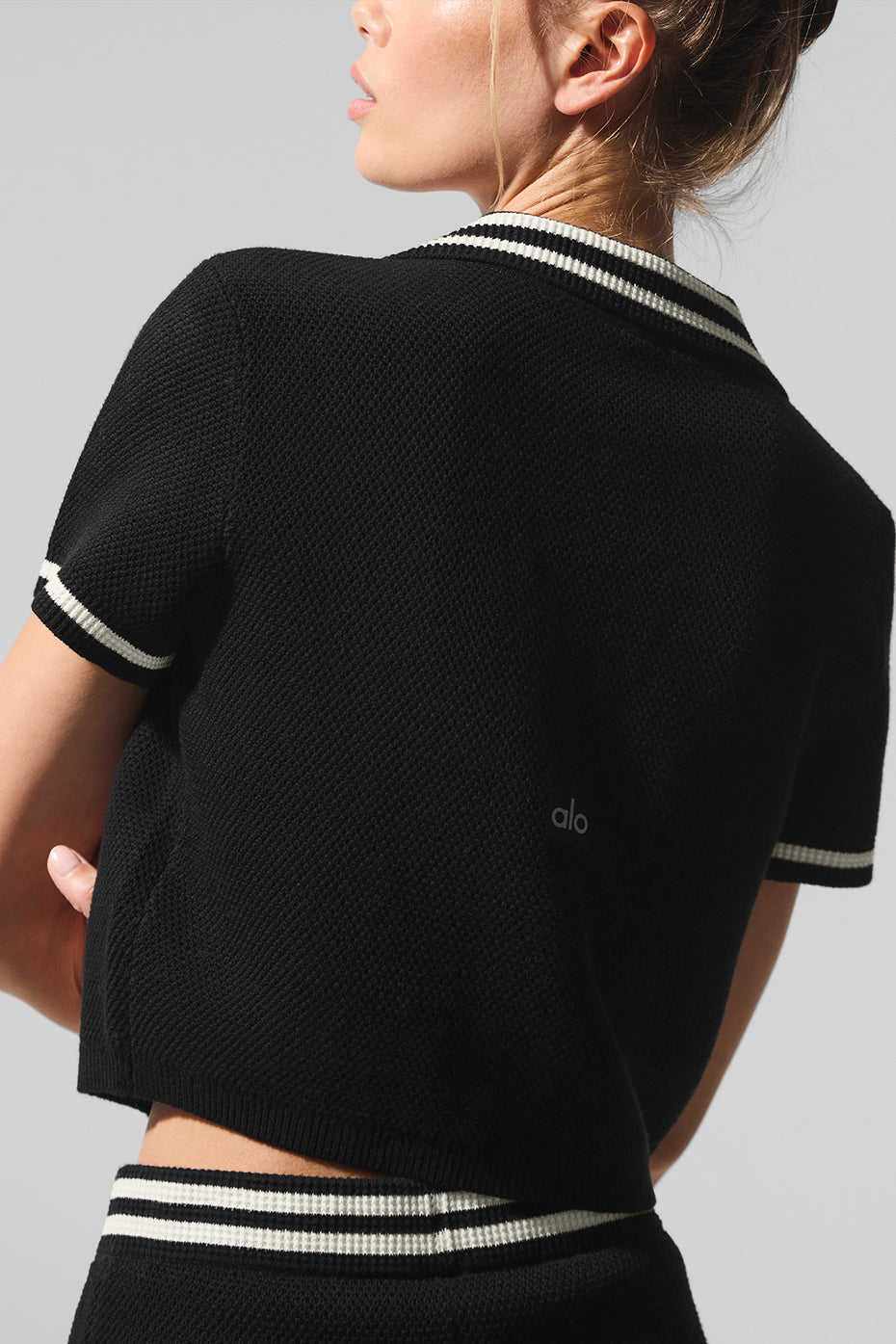 Tennis Club Sweater Knit Cropped Polo - Black/Ivory image 4