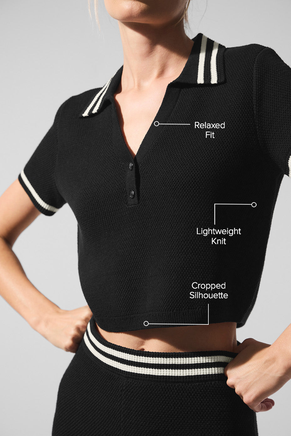 Tennis Club Sweater Knit Cropped Polo - Black/Ivory image 2