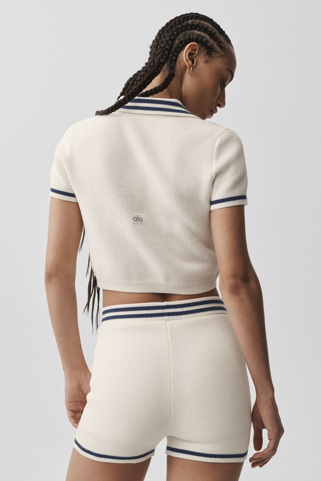 Tennis Club Sweater Knit Cropped Polo - Ivory/Navy image 3
