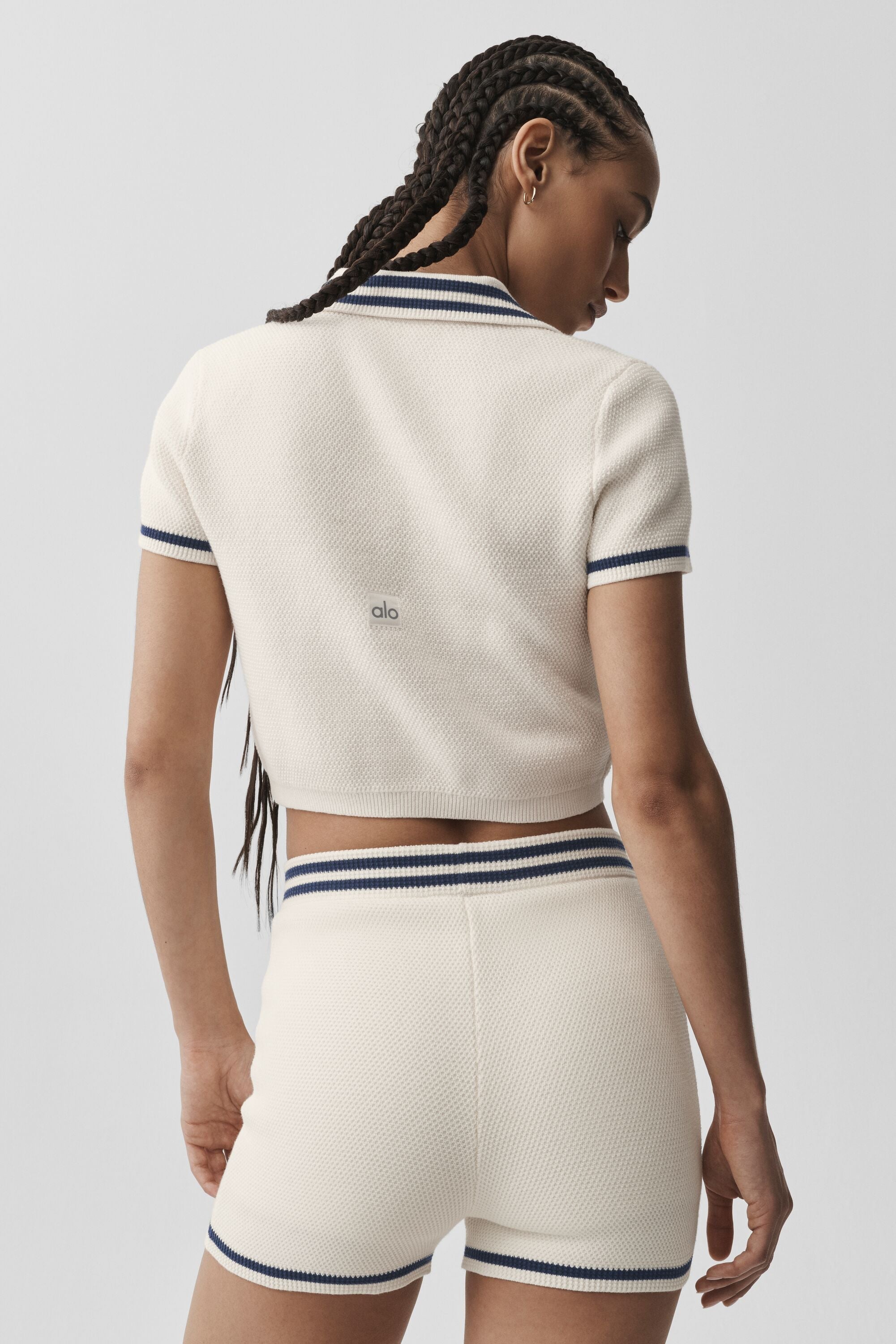 Tennis Club Sweater Knit Cropped Polo - Ivory/Navy image 3