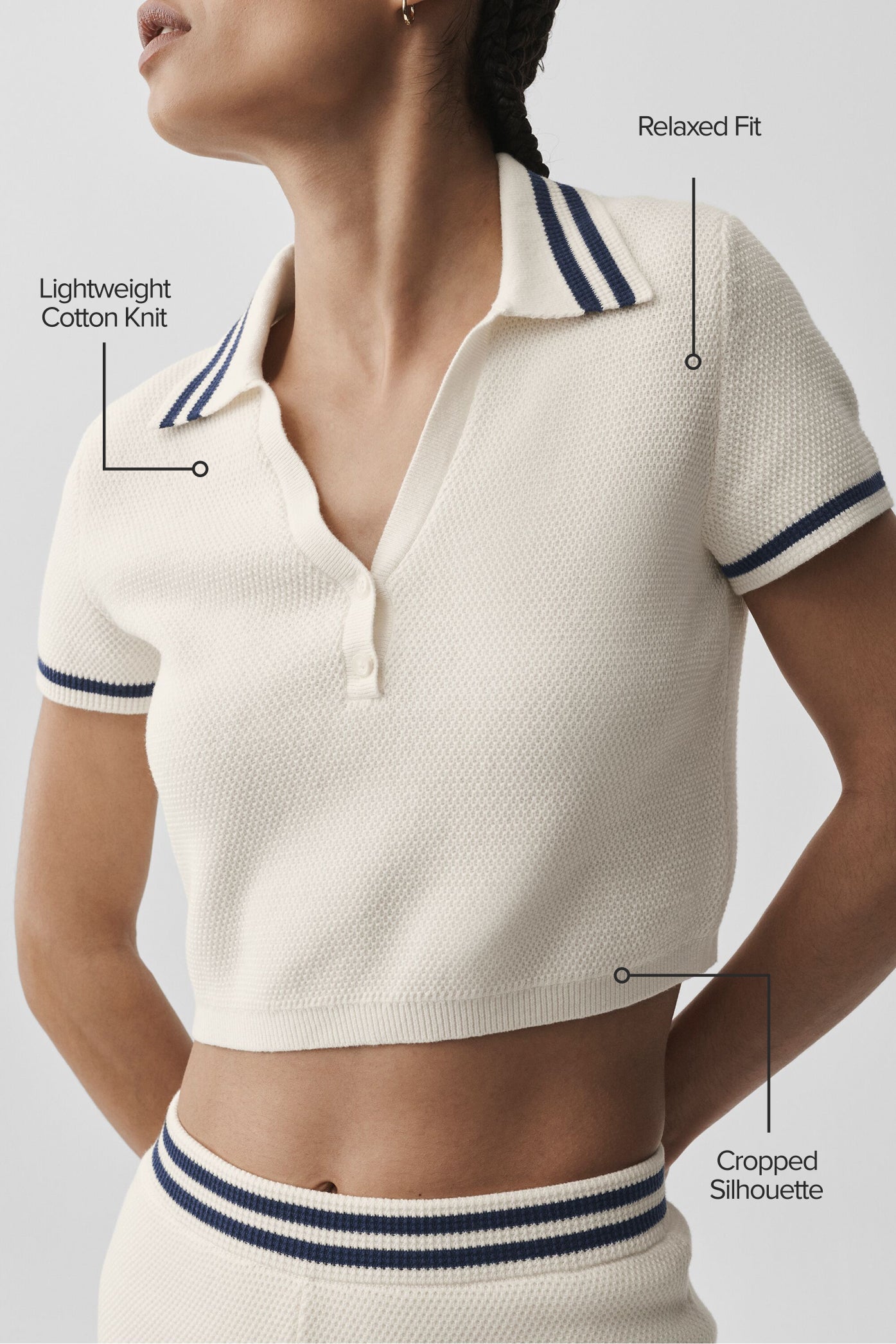 Tennis Club Sweater Knit Cropped Polo - Ivory/Navy image 2