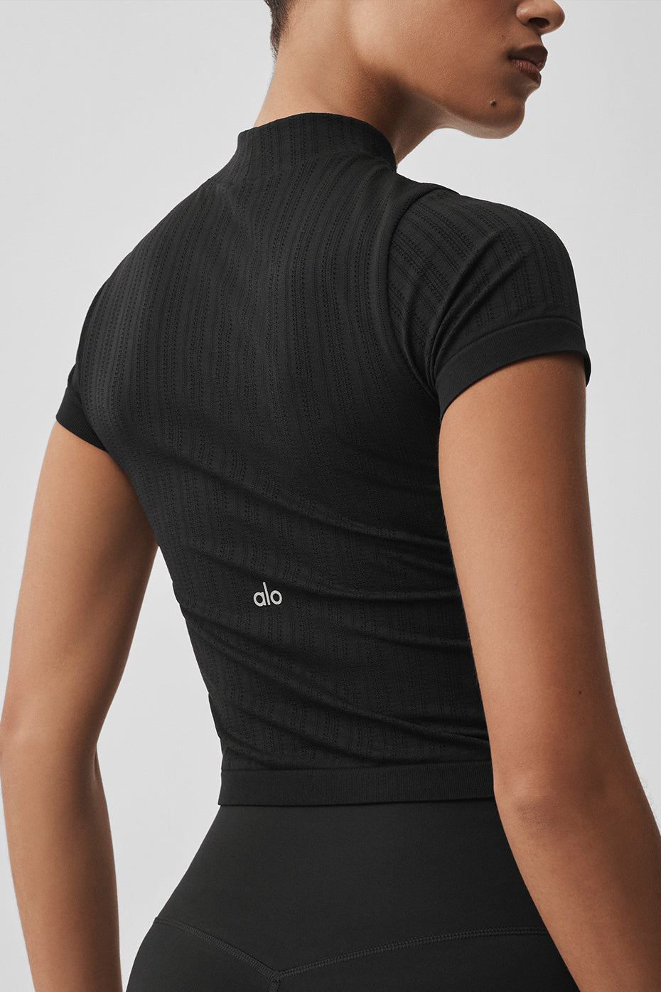 Seamless Pointelle Mock Neck Short Sleeve - Black image 4