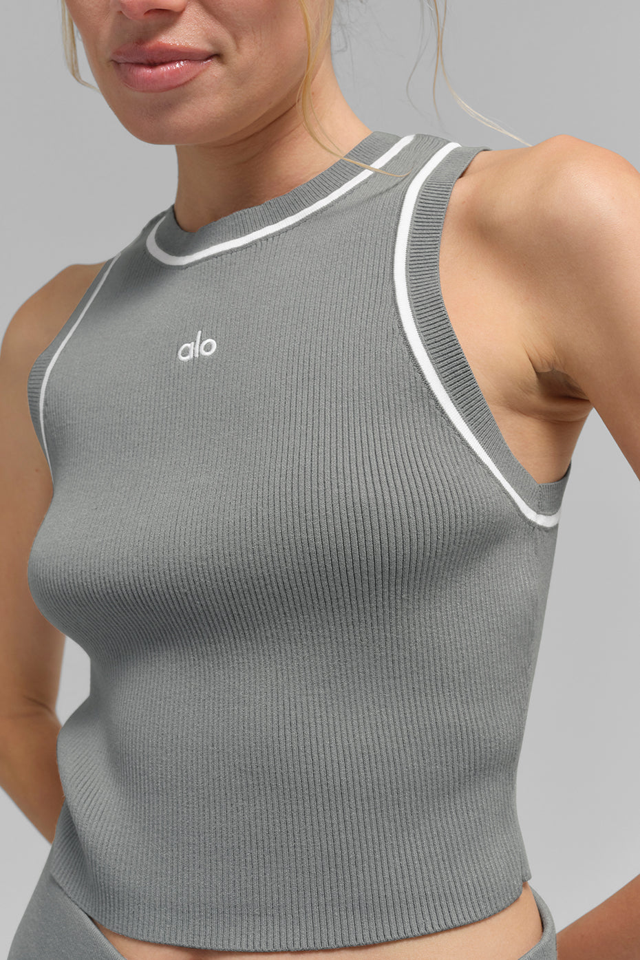 Ribbed Sweater Knit Highline Cropped Tank - Lunar Grey/White image 2