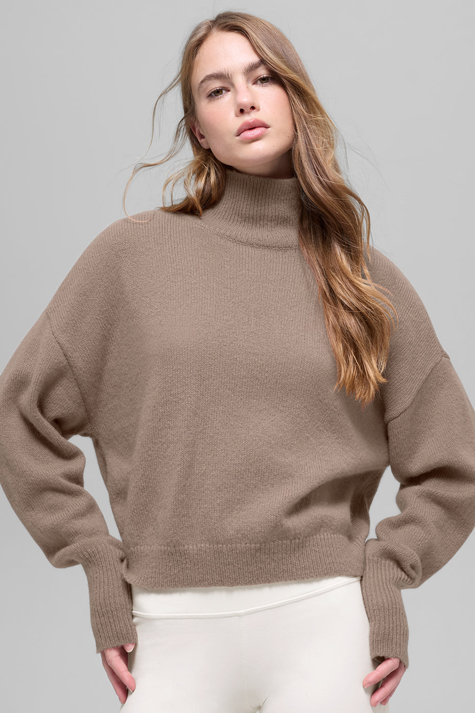 Wool Cashmere Cropped New Class Turtleneck Sweater - Chai Latte image 1
