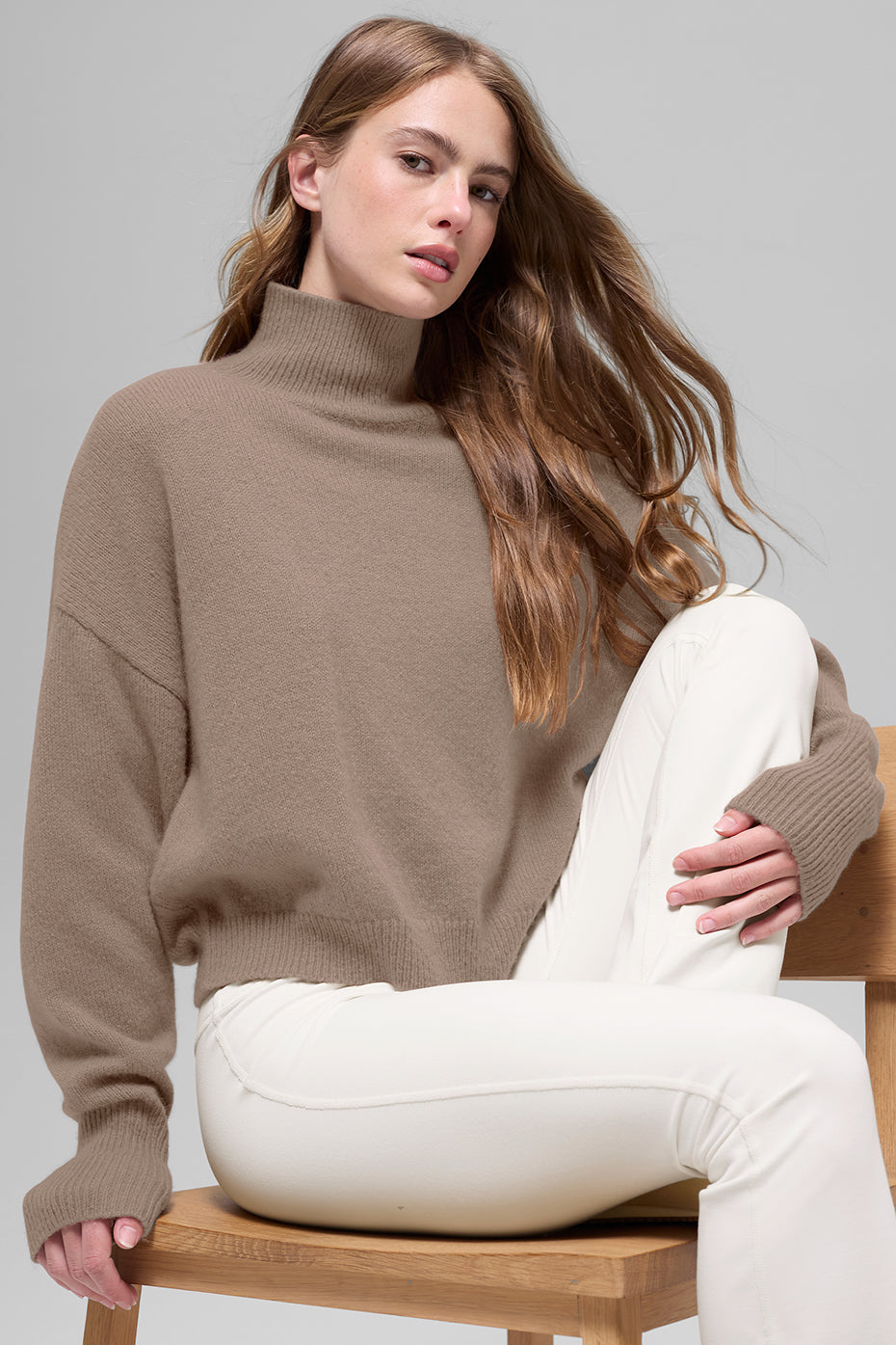 Wool Cashmere Cropped New Class Turtleneck Sweater - Chai Latte image 4