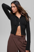 Wool Cashmere Ribbed Noble Full Zip Hoodie - Black image 1